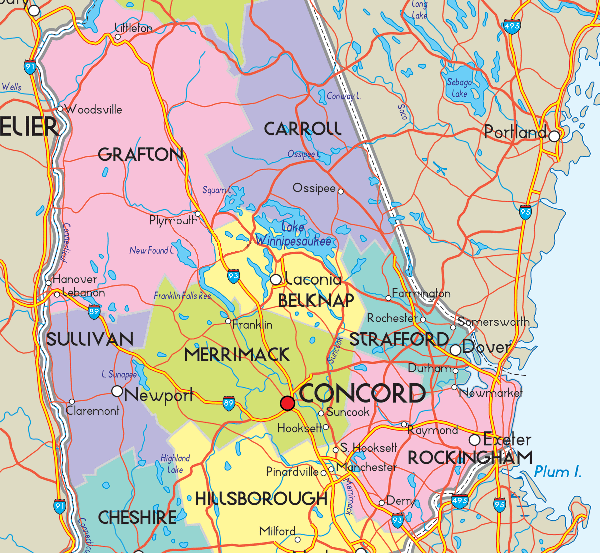 Map of New Hampshire showing our service area including Merrimack, Sullivan and Grafton counties.